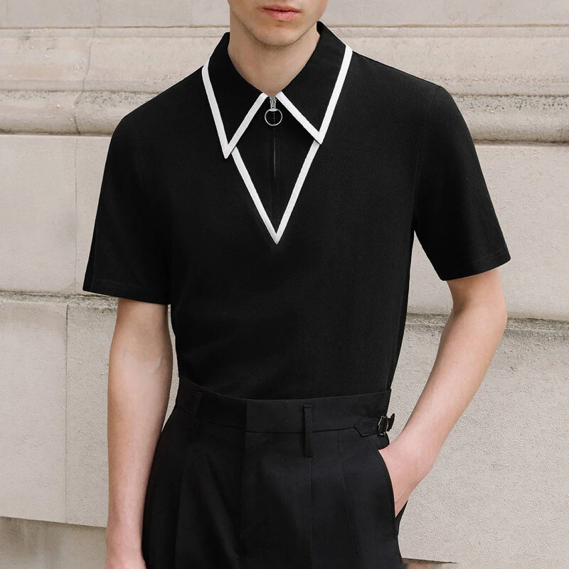 INCERUN Mens Fashion Design Spliced Collar Shirt Comfortable Fabric Short Sleeve Zipper Lapel Top for Male S-5XL (image for) INCERUN Mens Fashion Design Spliced Collar Shirt Comfortable Fabric Short Sleeve Zipper Lapel Top for Male S-5XL