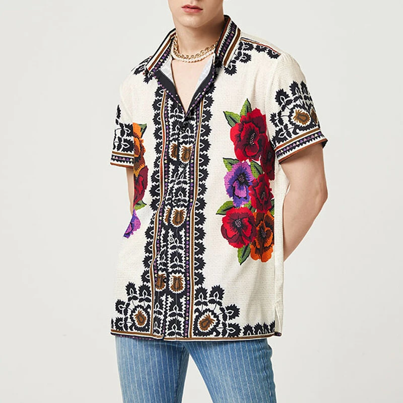 INCERUN Mens Vintage Floral Print Shirt Ethnic Print Button Up Lapel Short Sleeve Top Fashion Loose Fit for Men S-5XL (image for) INCERUN Mens Vintage Floral Print Shirt Ethnic Print Button Up Lapel Short Sleeve Top Fashion Loose Fit for Men S-5XL